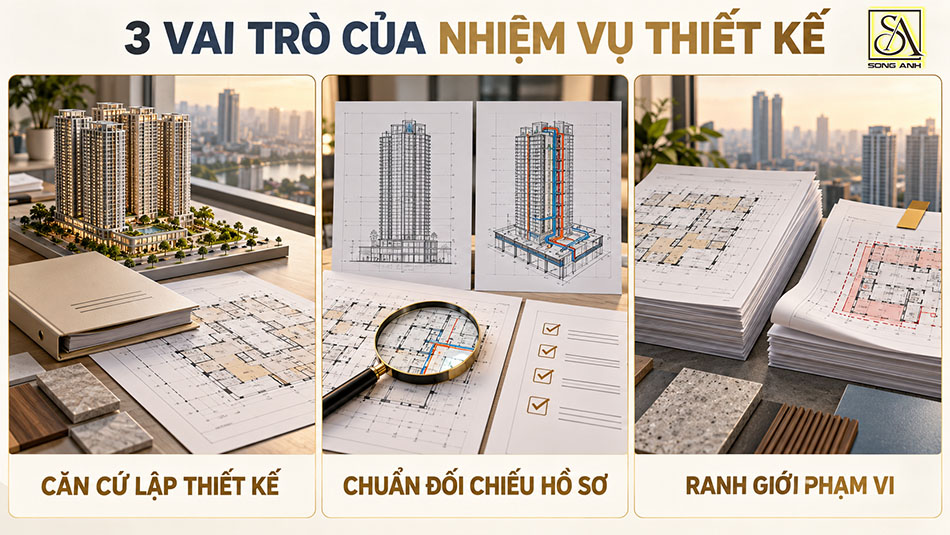Ba vai trò của nhiệm vụ thiết kế: căn cứ lập thiết kế, chuẩn đối chiếu hồ sơ và ranh giới phạm vi công việc.